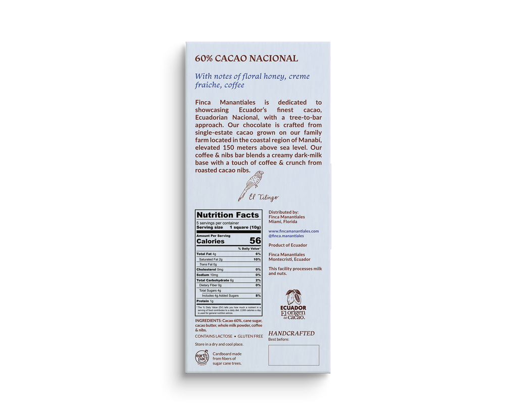 60% Dark Milk Chocolate Coffee & Nibs Bar (50g)