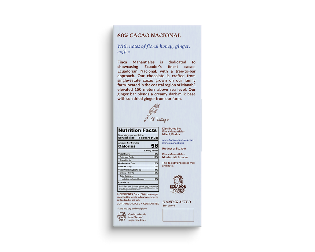 60% Dark Milk Chocolate - Ginger with Coffee & Nibs Bar (50g)