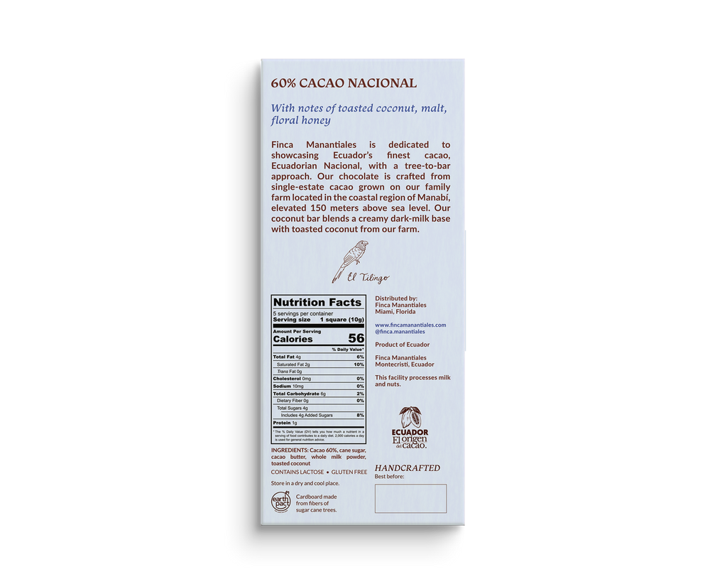 60% Dark Milk Chocolate - Toasted Coconut Bar (50g)